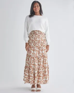 Ellie Maternity Shirred Maxi Skirt Dress in Brown Floral Print