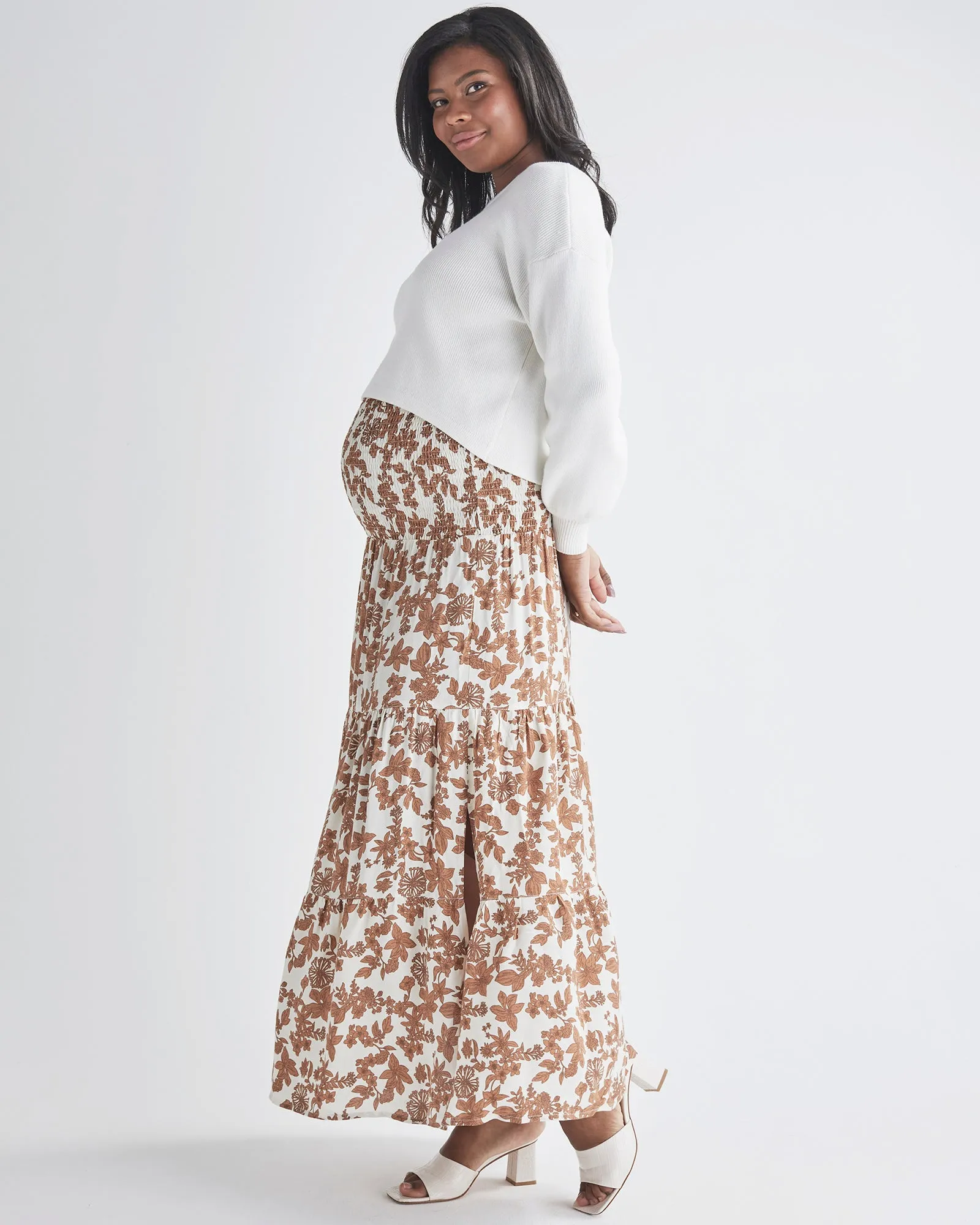 Ellie Maternity Shirred Maxi Skirt Dress in Brown Floral Print