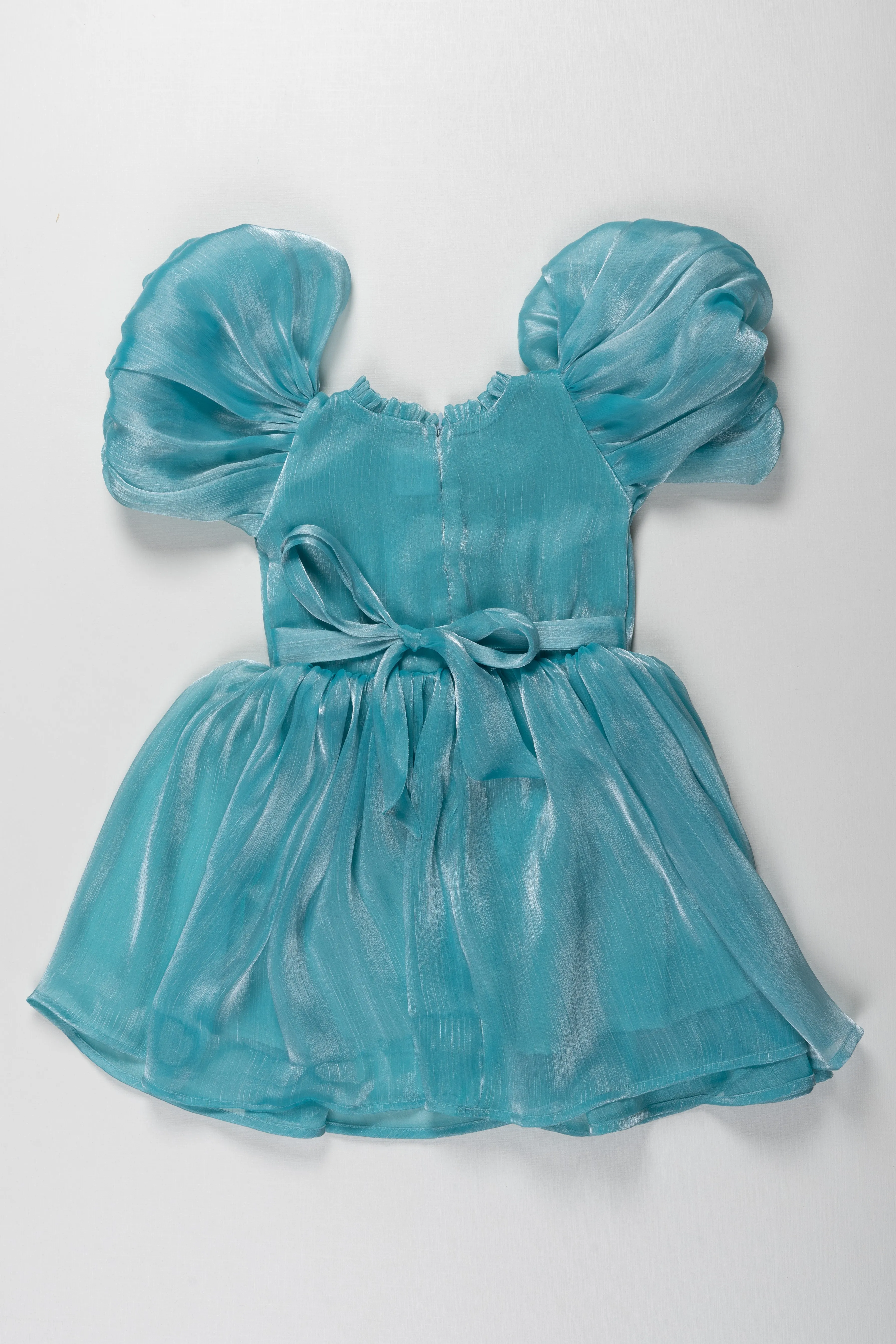 Enchanting Aqua Blue Organza Puff Sleeve Dress for Kids