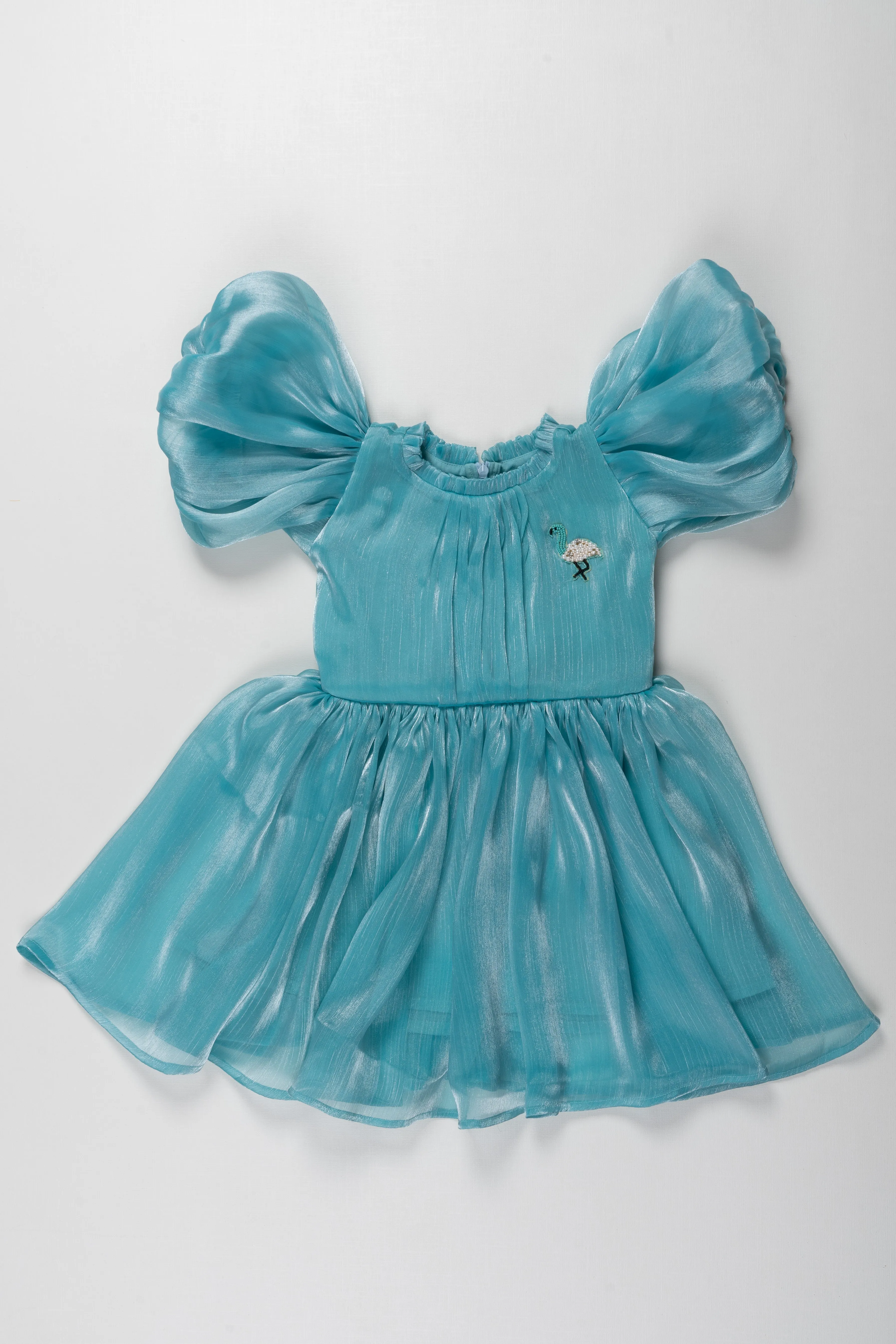 Enchanting Aqua Blue Organza Puff Sleeve Dress for Kids