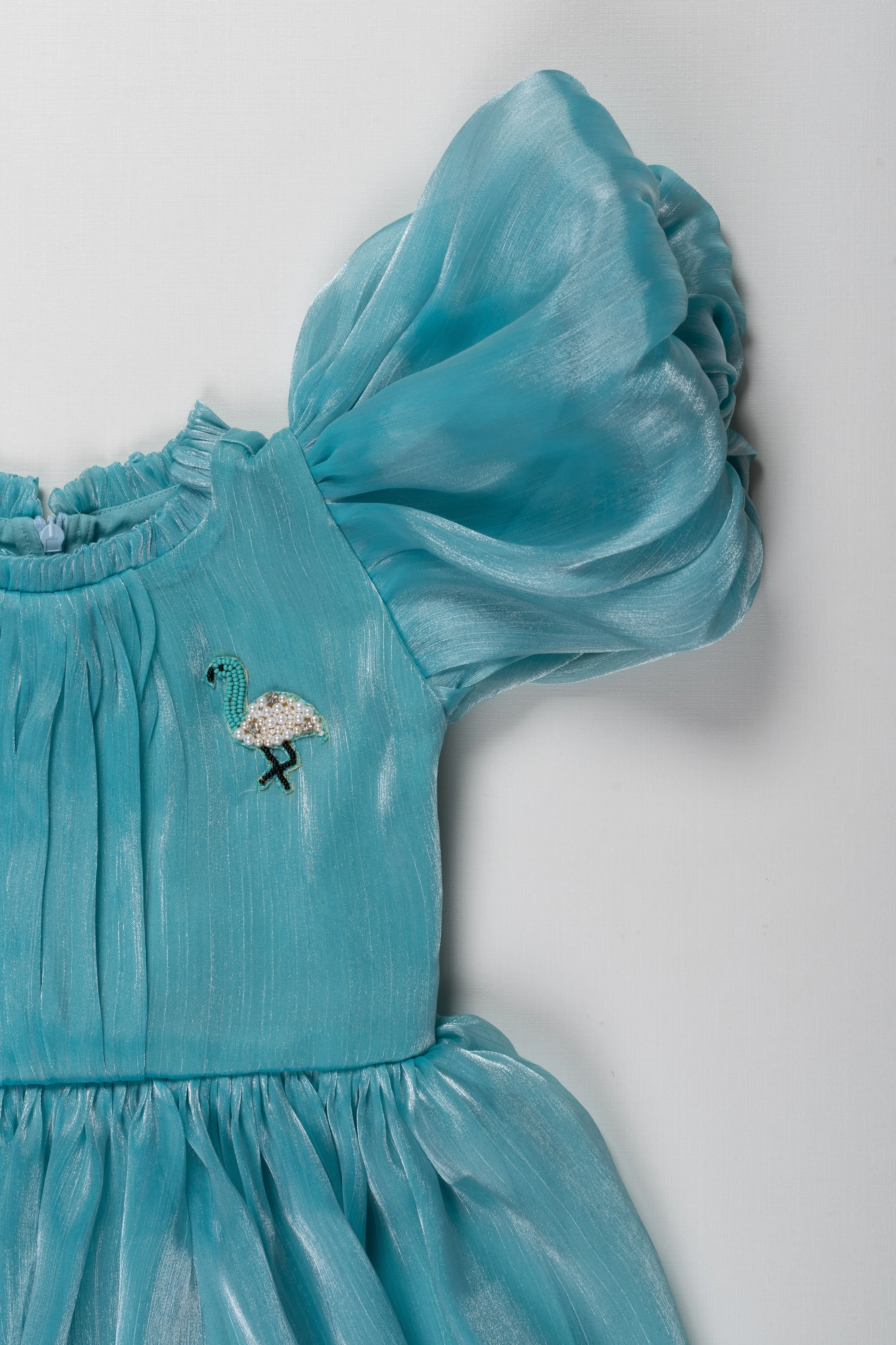 Enchanting Aqua Blue Organza Puff Sleeve Dress for Kids