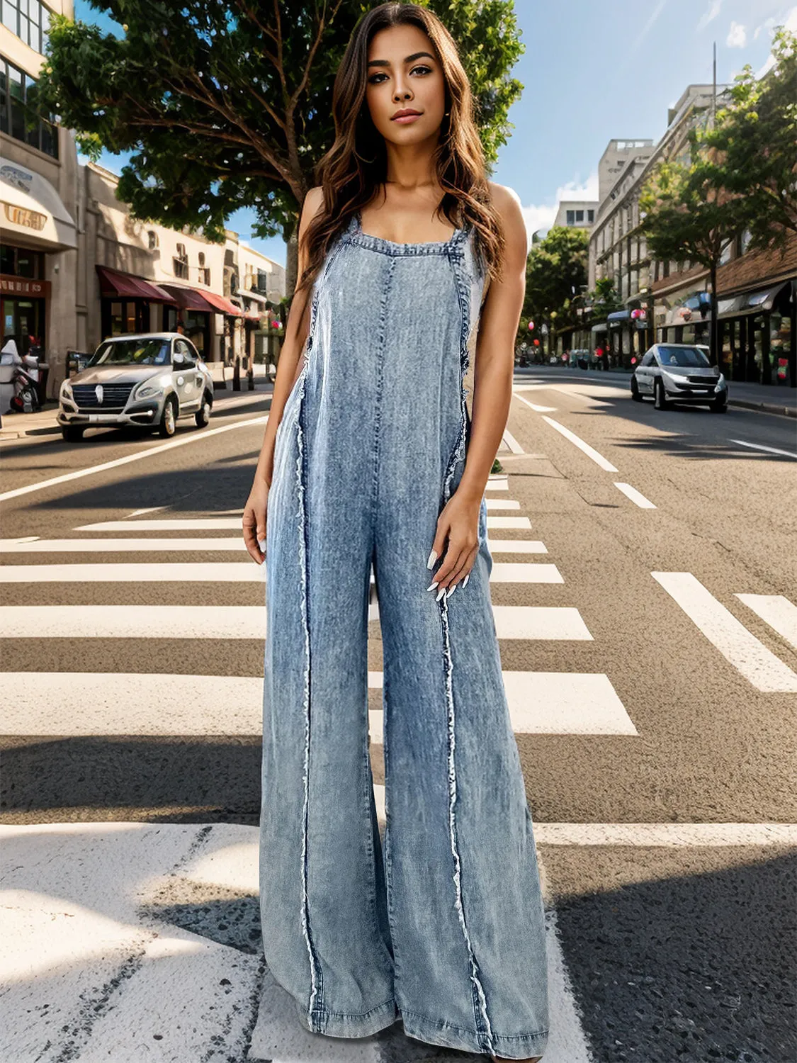 Explore More Collection - Adjustable Strap Wide Leg Denim Overalls