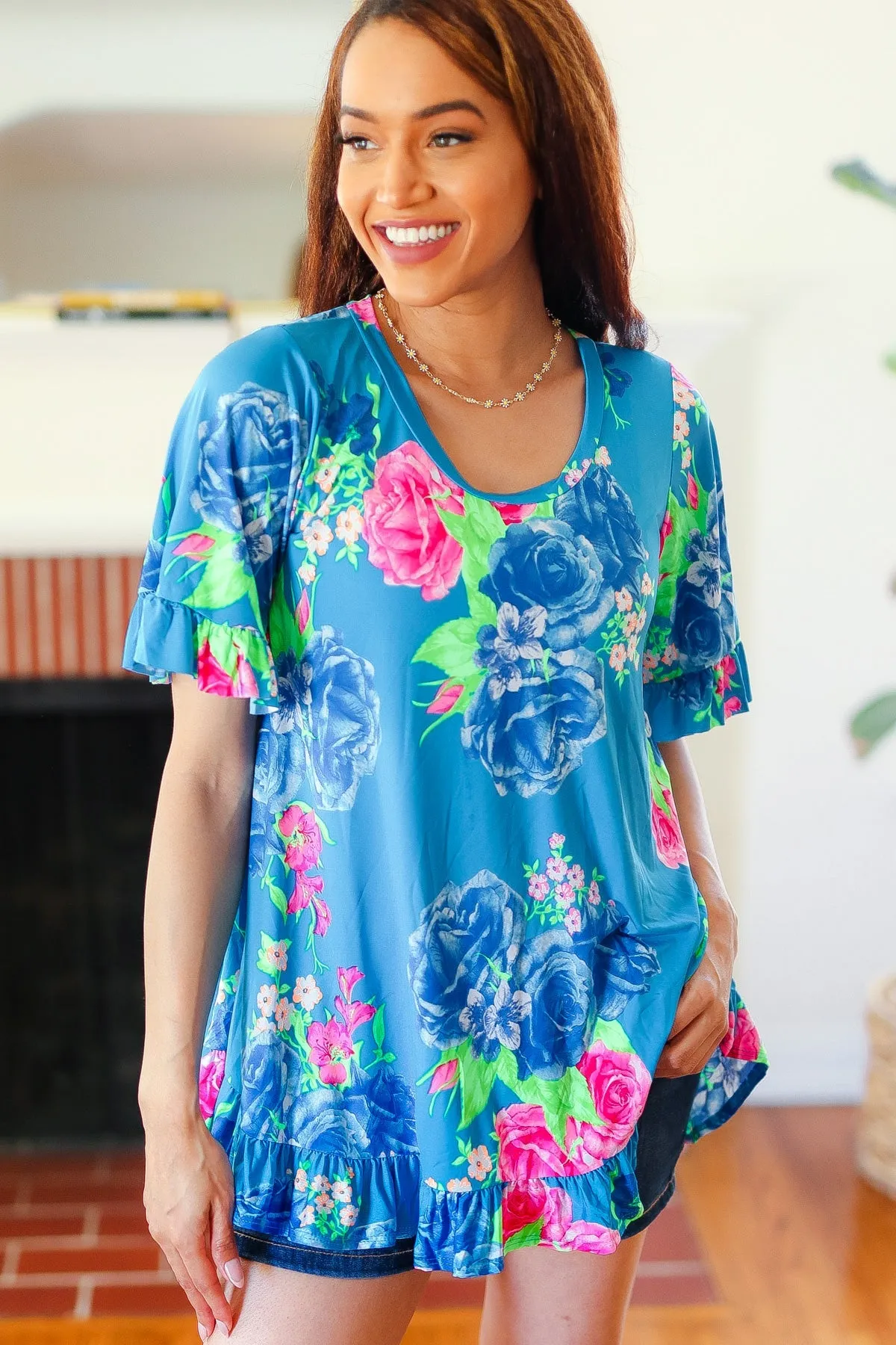 Feeling Playful Blue Floral Ruffle Sleeve & Hem Tunic Top