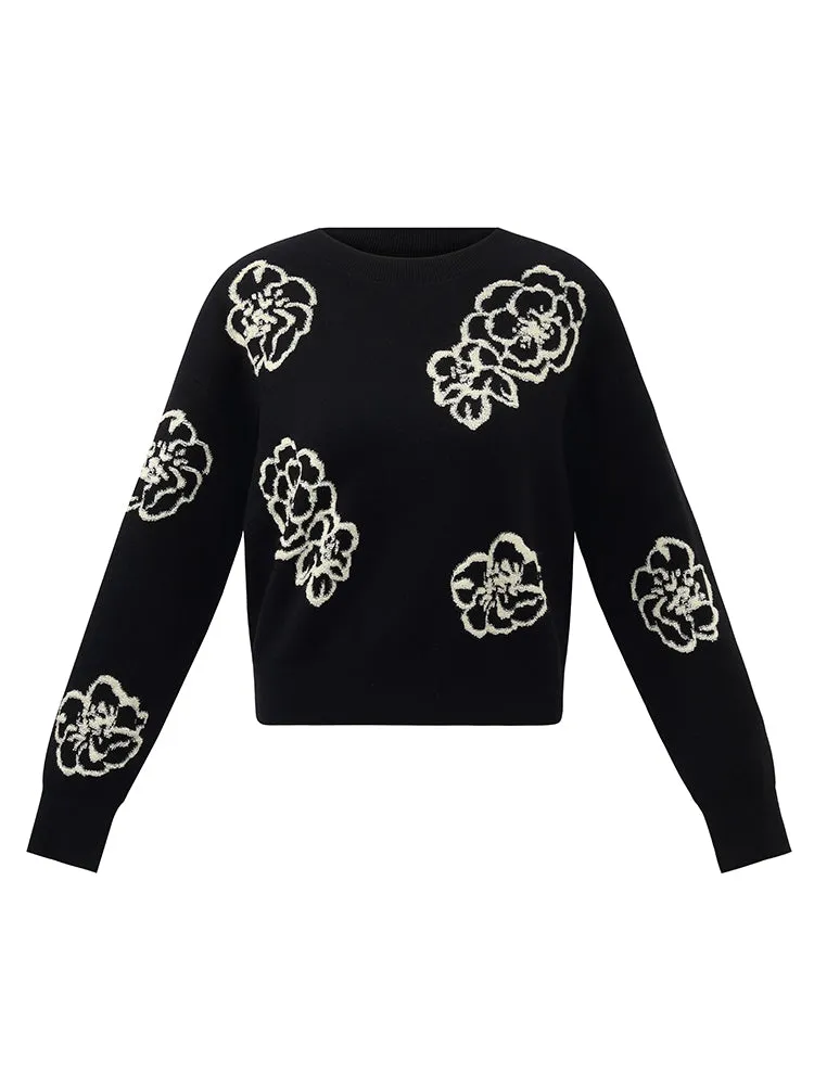 Floral Jacquard Round Neck Women Sweater