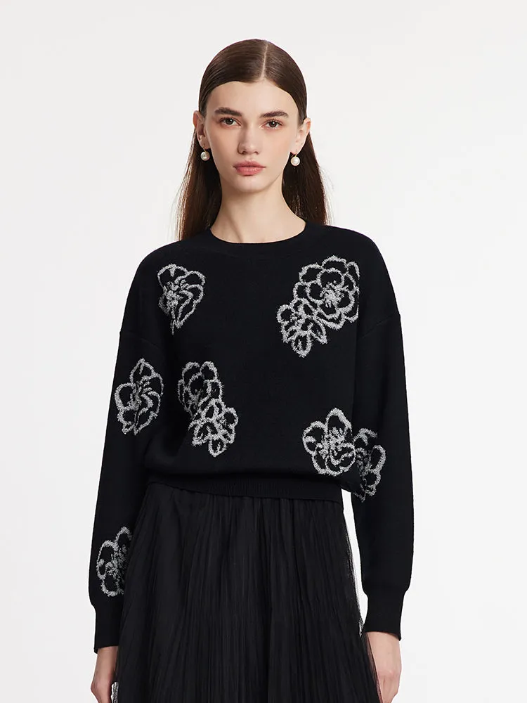 Floral Jacquard Round Neck Women Sweater