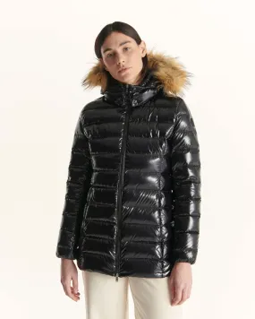 Grand Froid Perle Black lacquered mid-length jacket