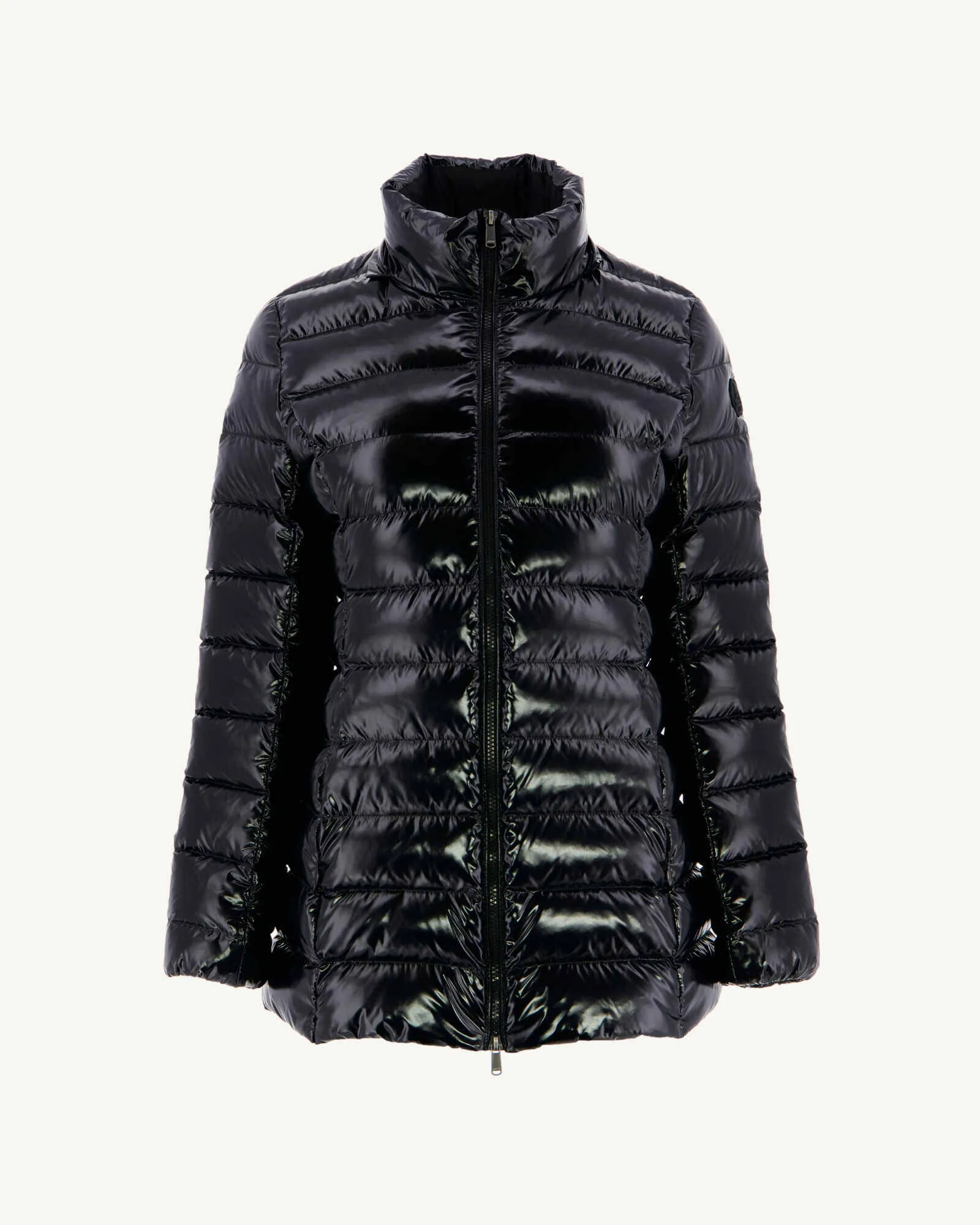 Grand Froid Perle Black lacquered mid-length jacket