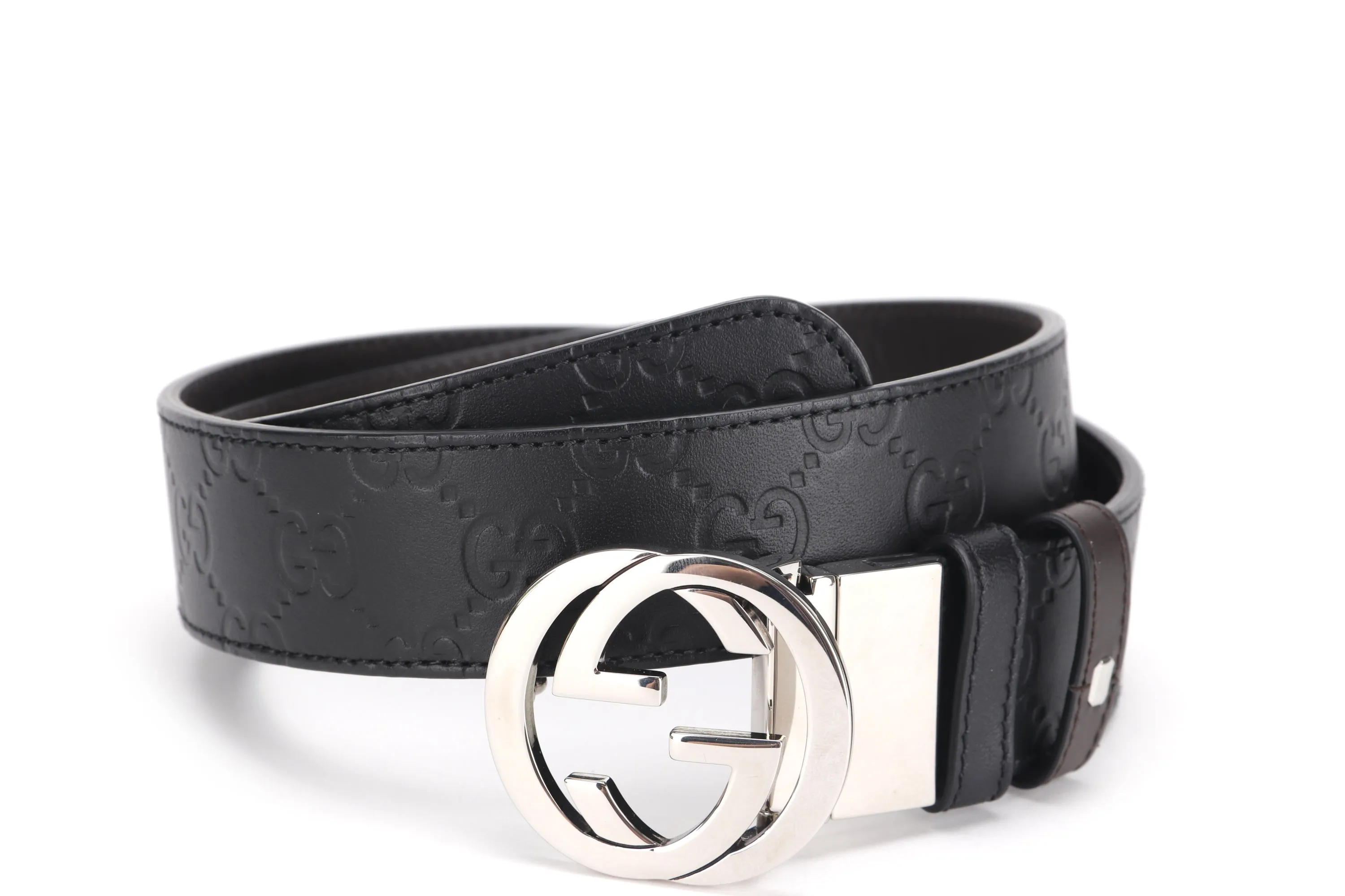 GUCCI 473030 CWCWN 214351 REVERSIBLE BLACK GUCCI SIGNATURE BELT, WITH DUST COVER & BOX