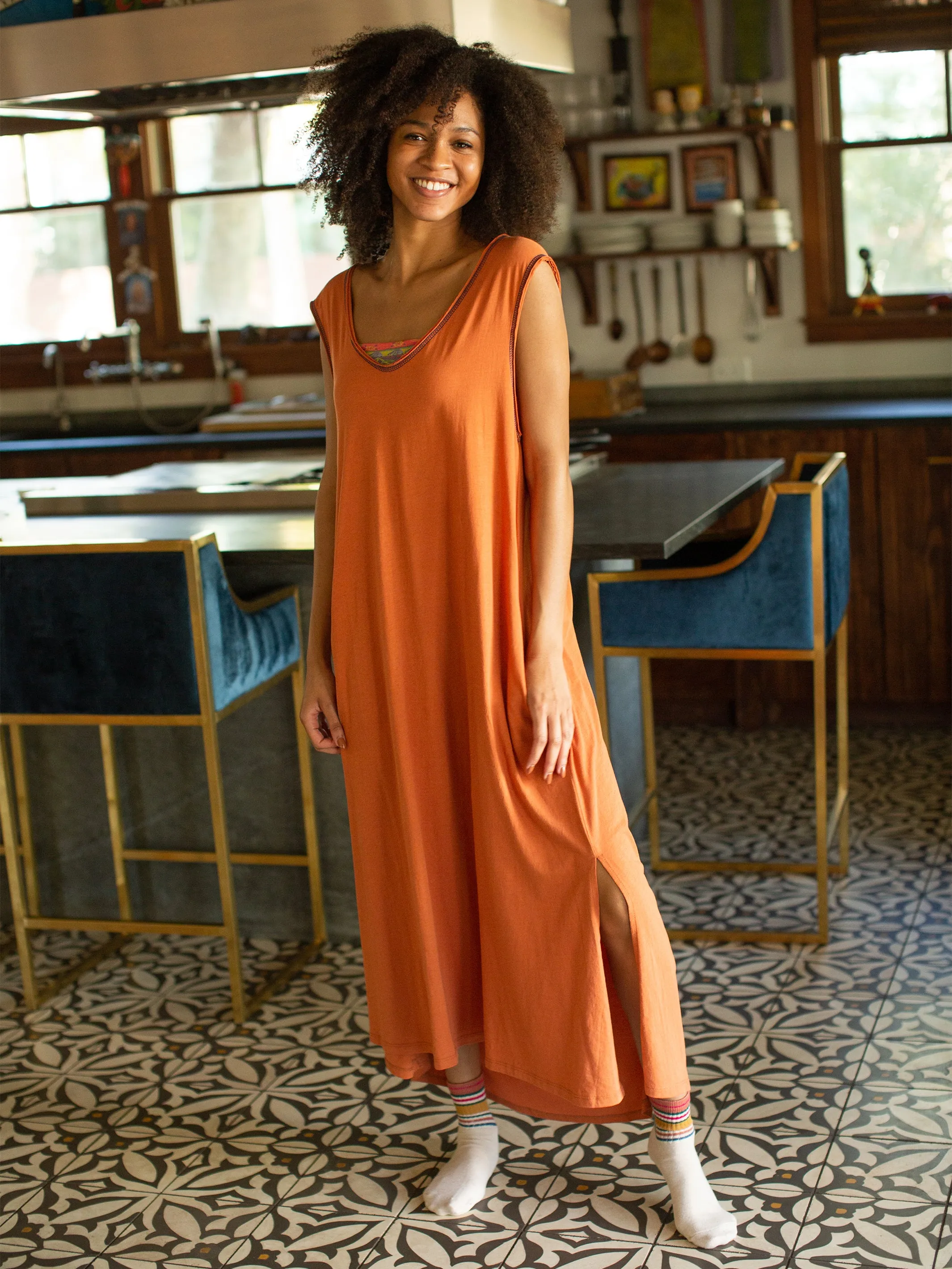 Hangout Cotton Midi Dress - Burnt Orange