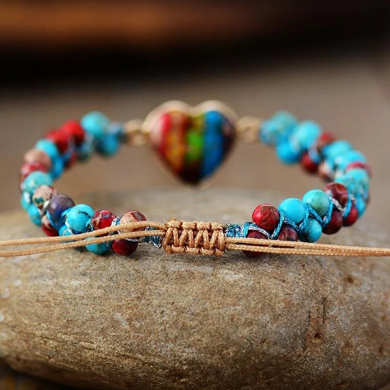 Jasper Heart & Beads Braided Cuff Bracelet