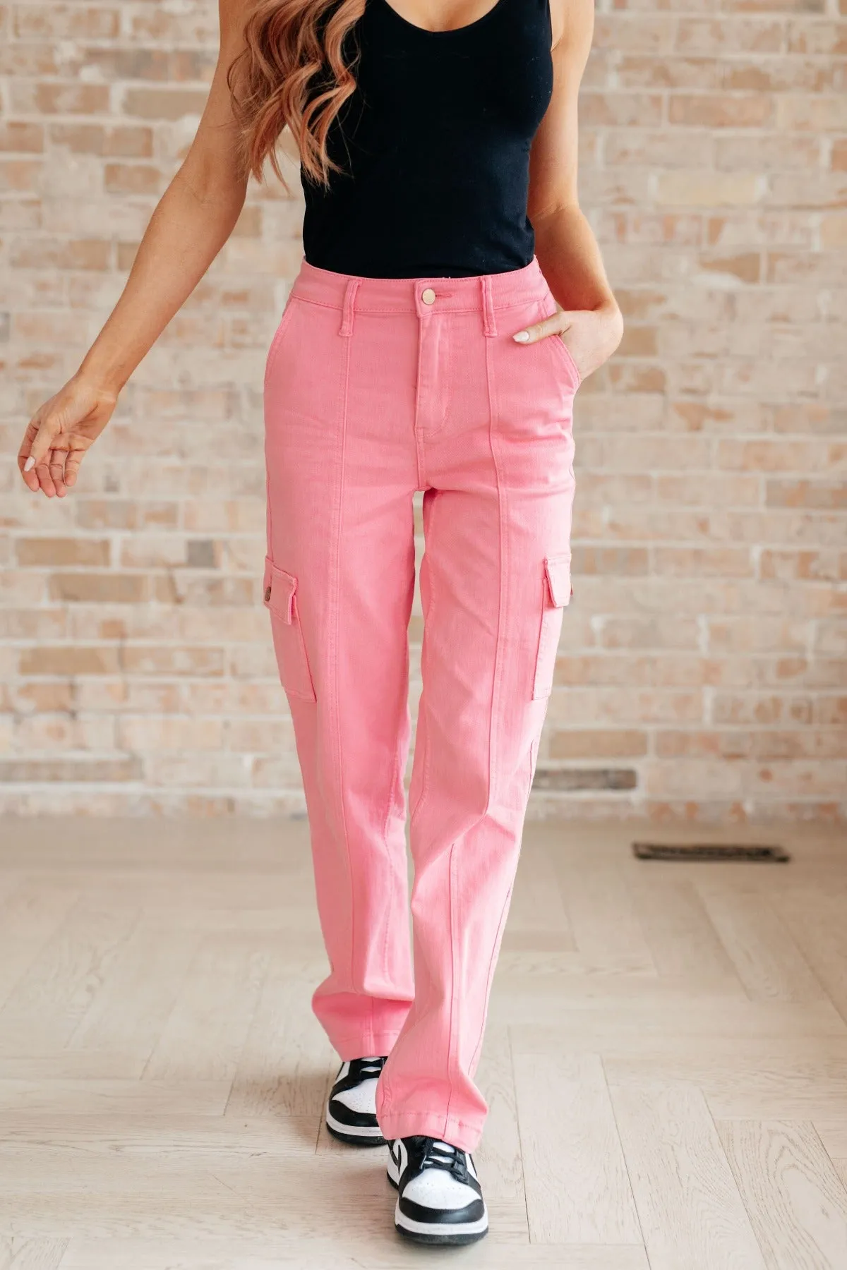 Judy Blue High Rise Cargo Jeans in Pink