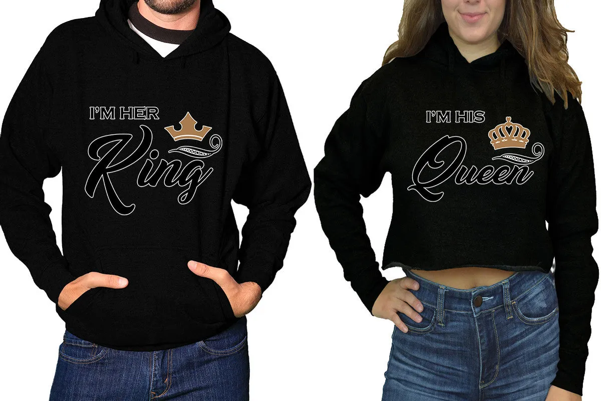 King Queen Couple Matching Ladies Crop Top Hoodie and Mens Pullover Hoodie.