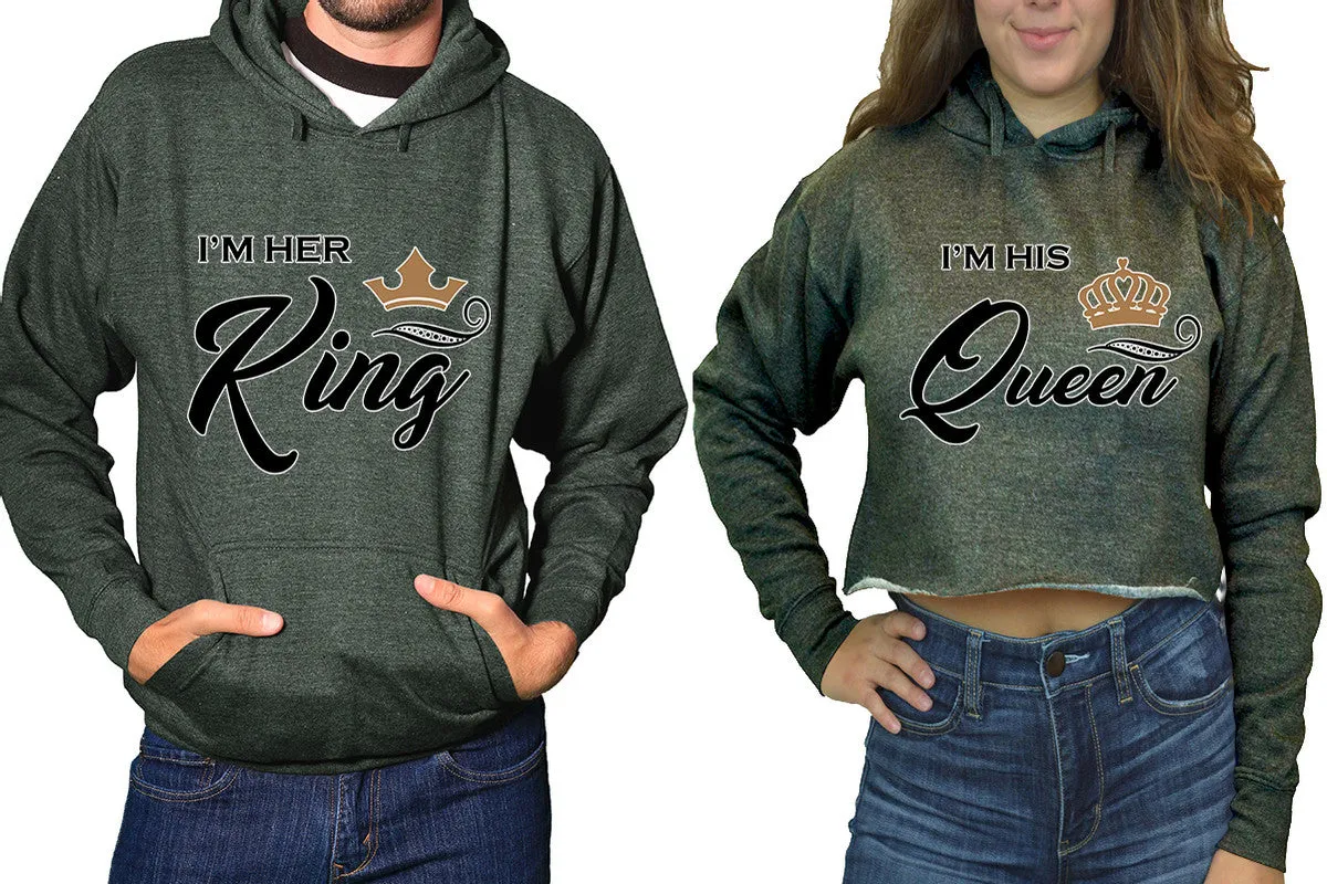 King Queen Couple Matching Ladies Crop Top Hoodie and Mens Pullover Hoodie.