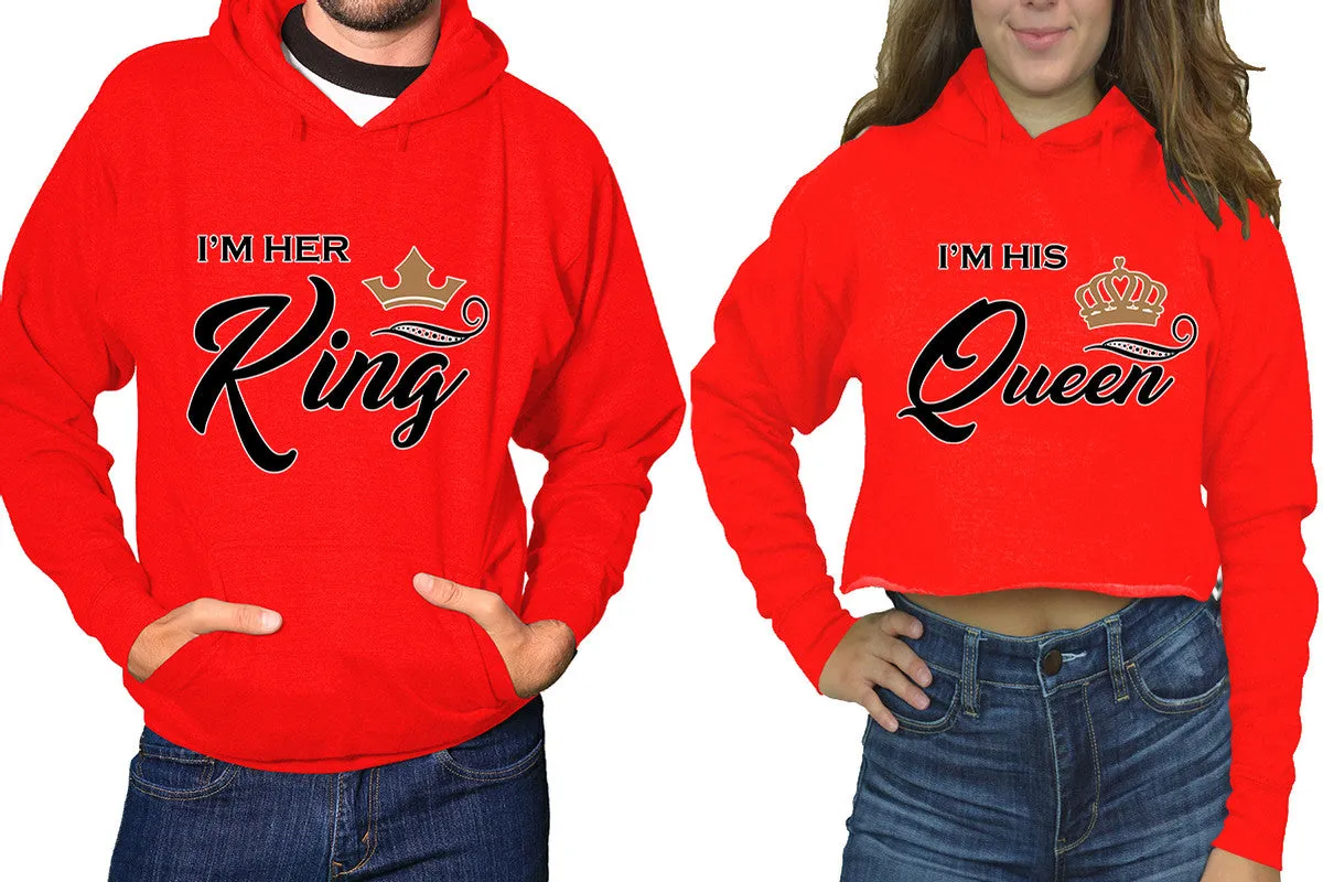 King Queen Couple Matching Ladies Crop Top Hoodie and Mens Pullover Hoodie.