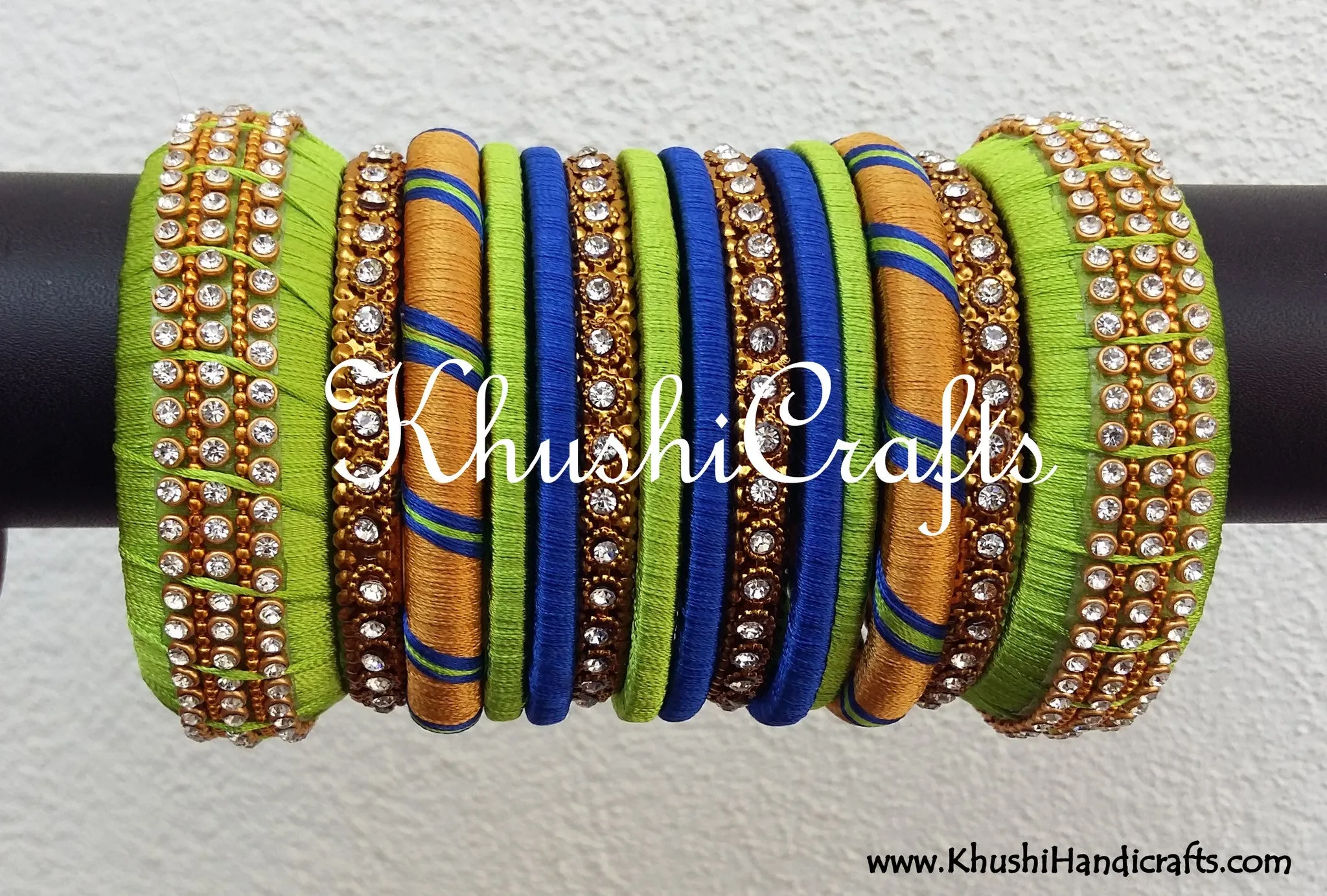 Lime Green and Blue Designer Silk Thread Bangles