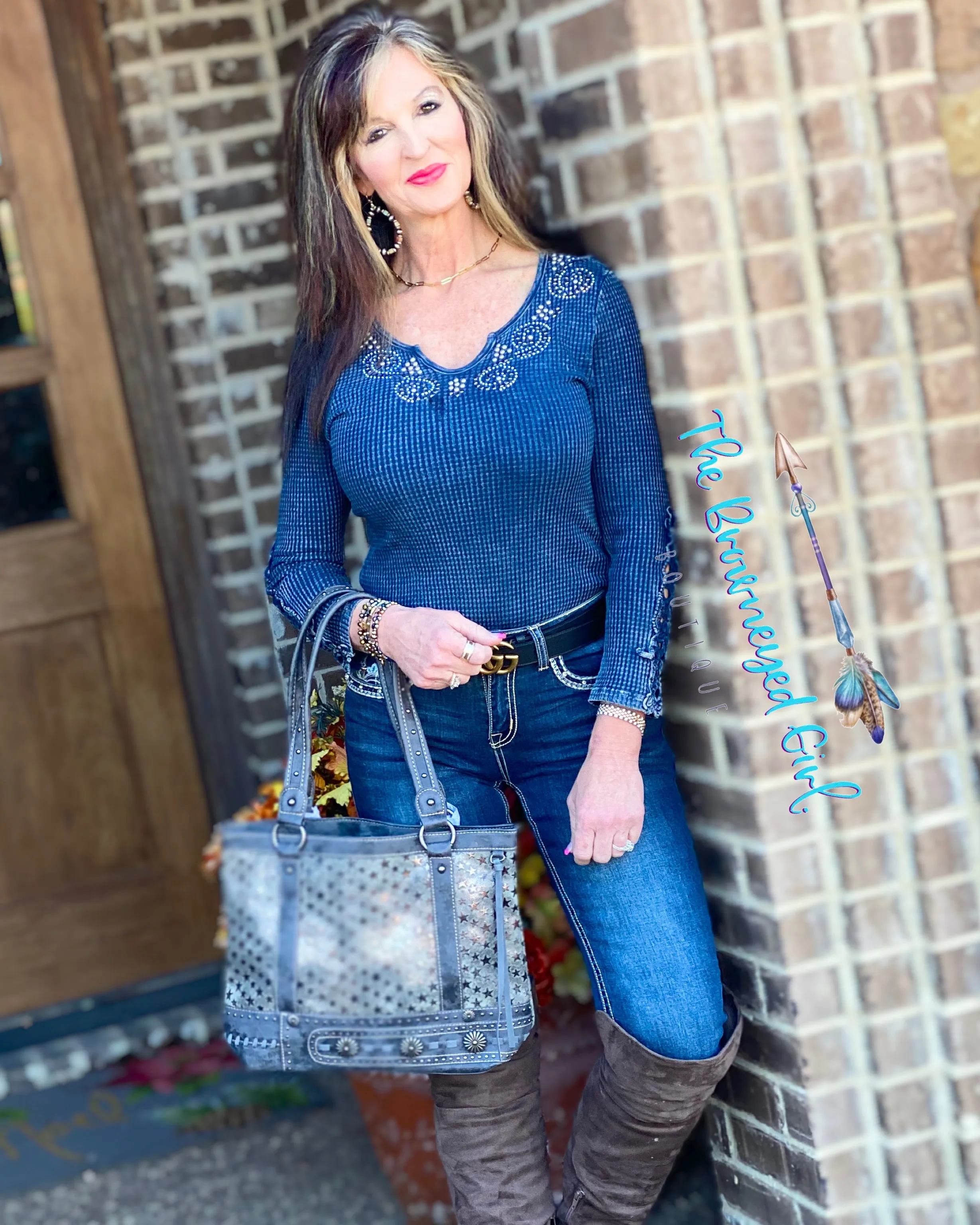 Marine Blue V-neck Waffleknit Top