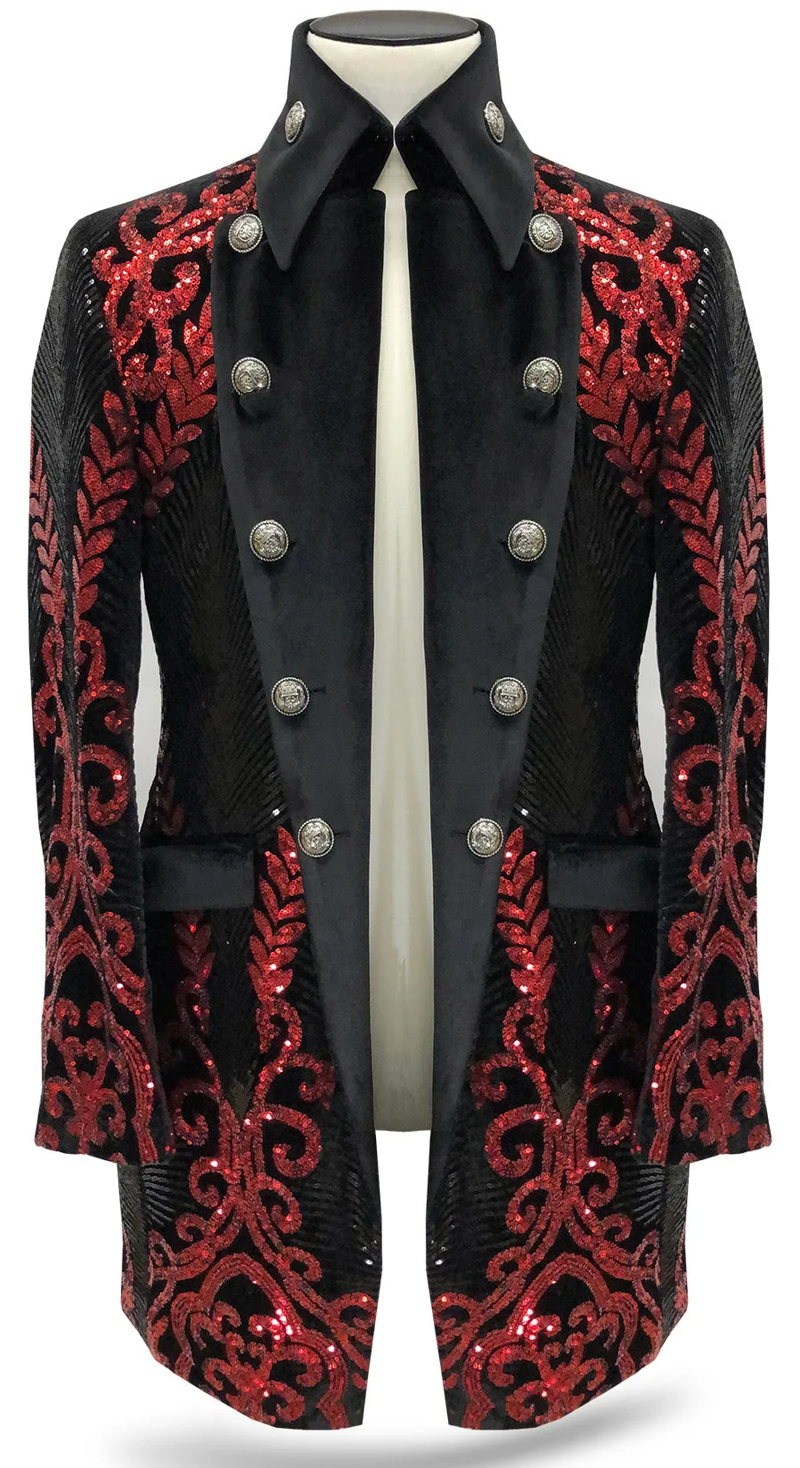 mens long sequin coat, Jupiter red/black