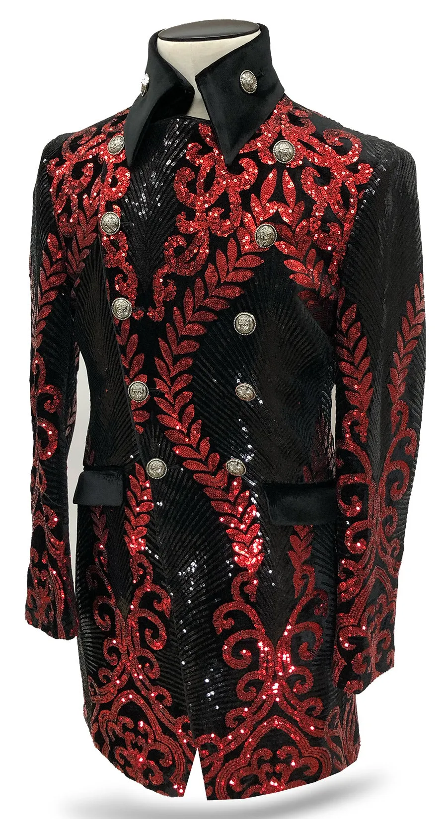 mens long sequin coat, Jupiter red/black