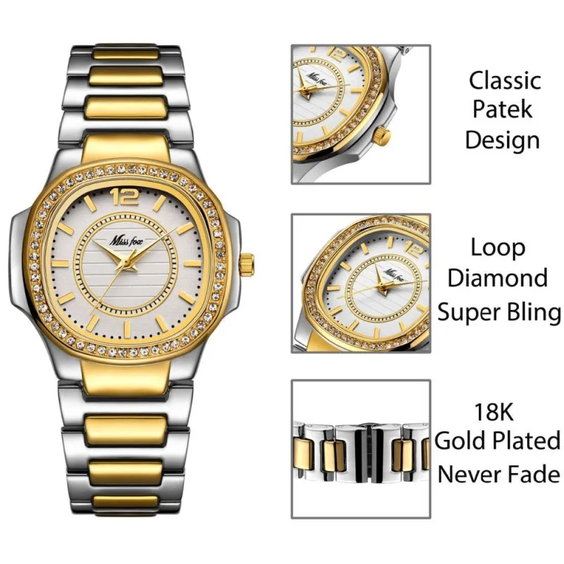 Missfox 2549 Women Watches Women Fashion Watch Geneva Designer Ladies Watch Luxury Brand Diamond Quartz Gold Wrist Watch Gifts For Women