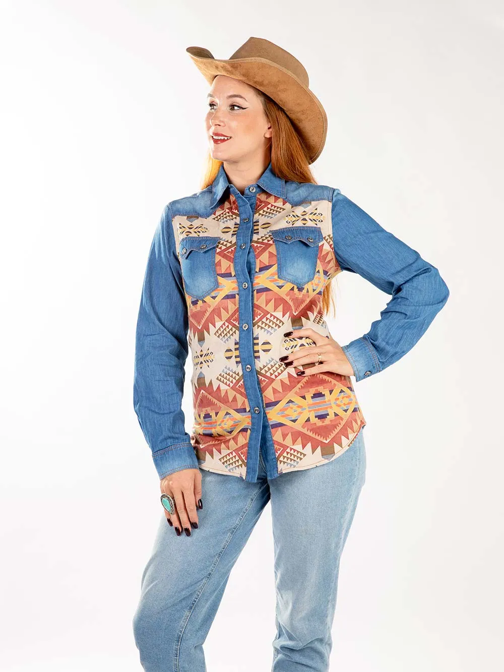 Montana West Aztec Pocket Long Sleeve Chambray Shirt