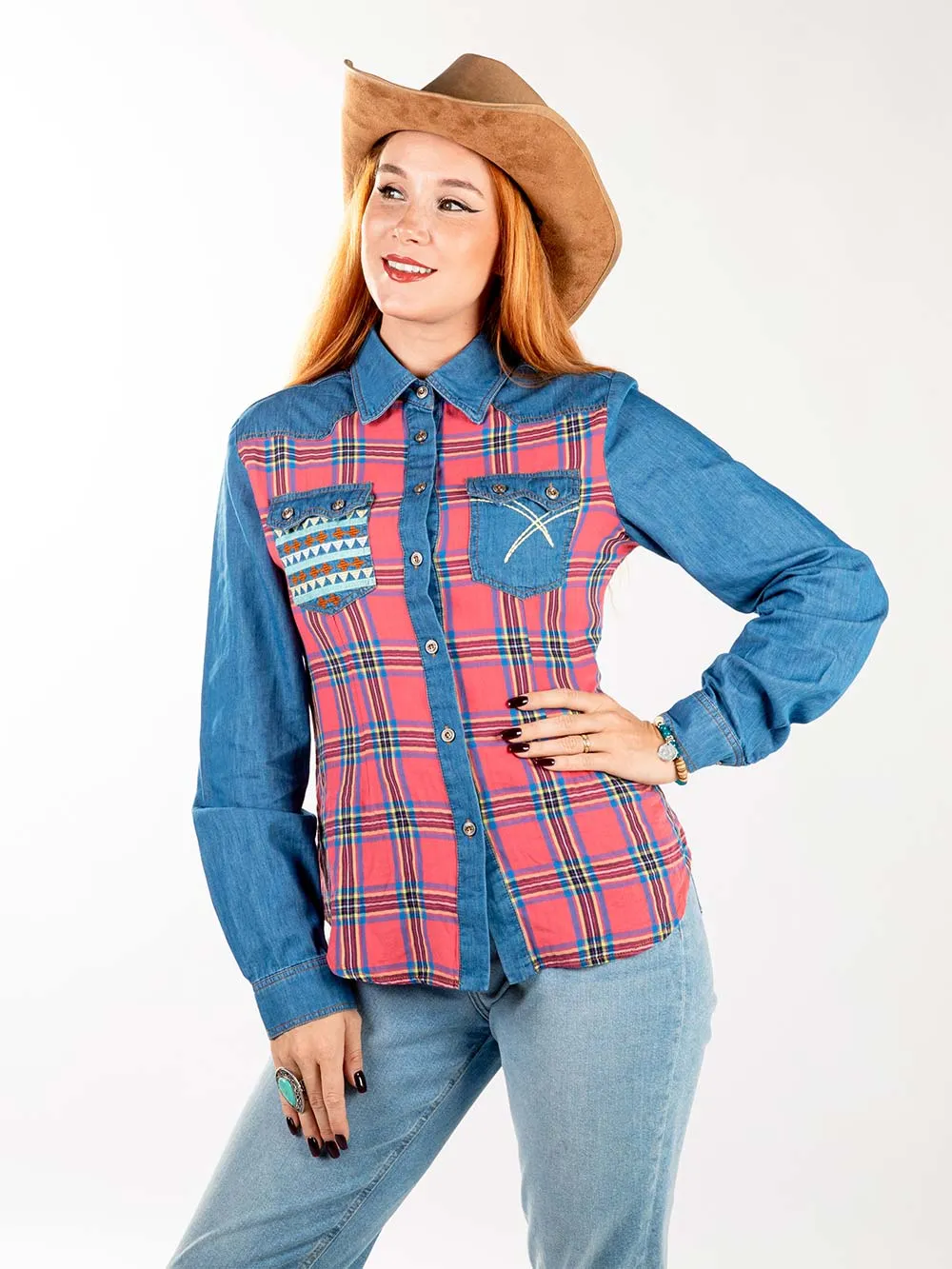 Montana West Patchwork Plaid Embroidered Long Sleeve Chambray Shirt