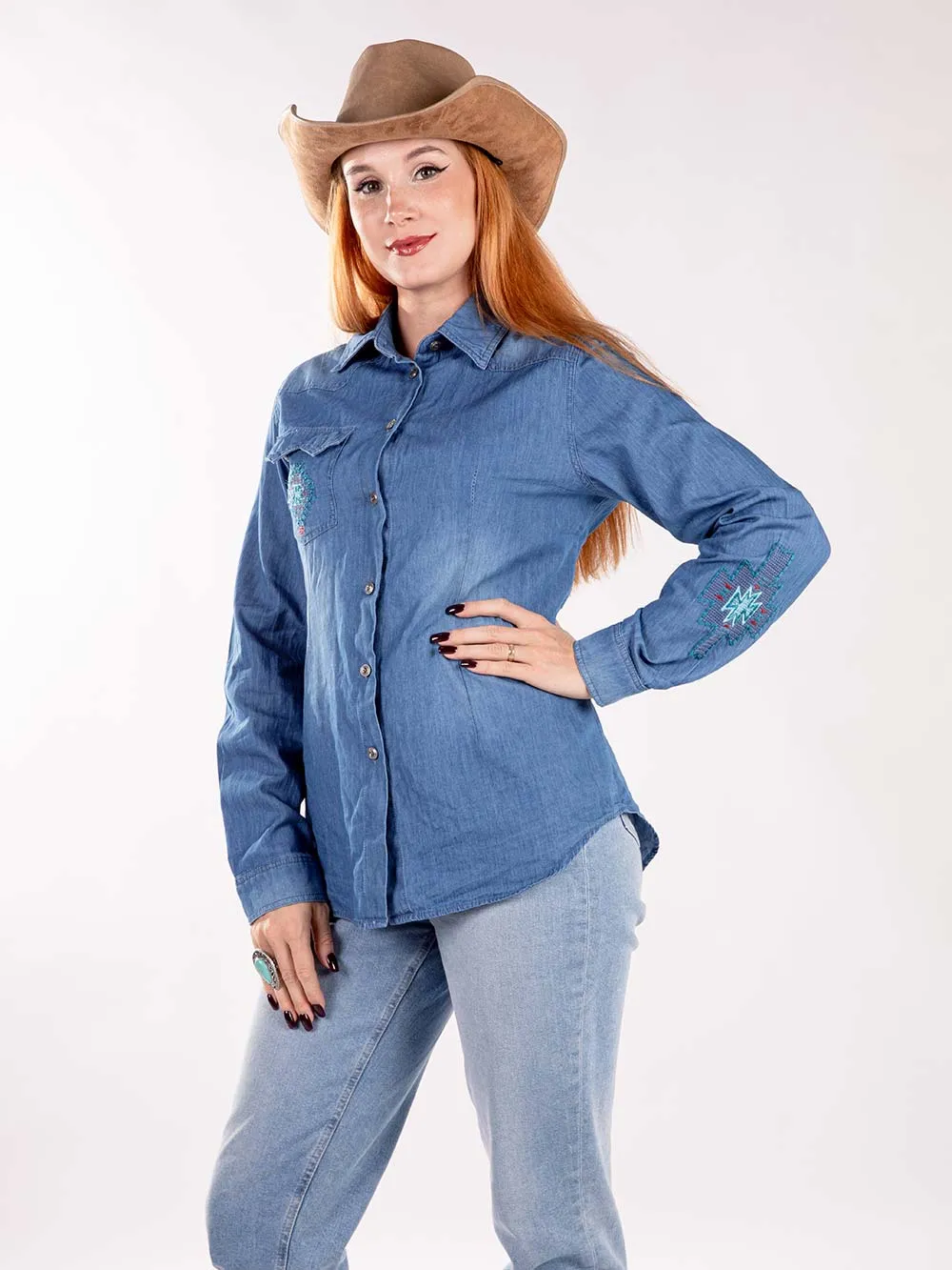 MW-S1002 Montana West Embroidered Aztec Long Sleeve Chambray Shirt By Size