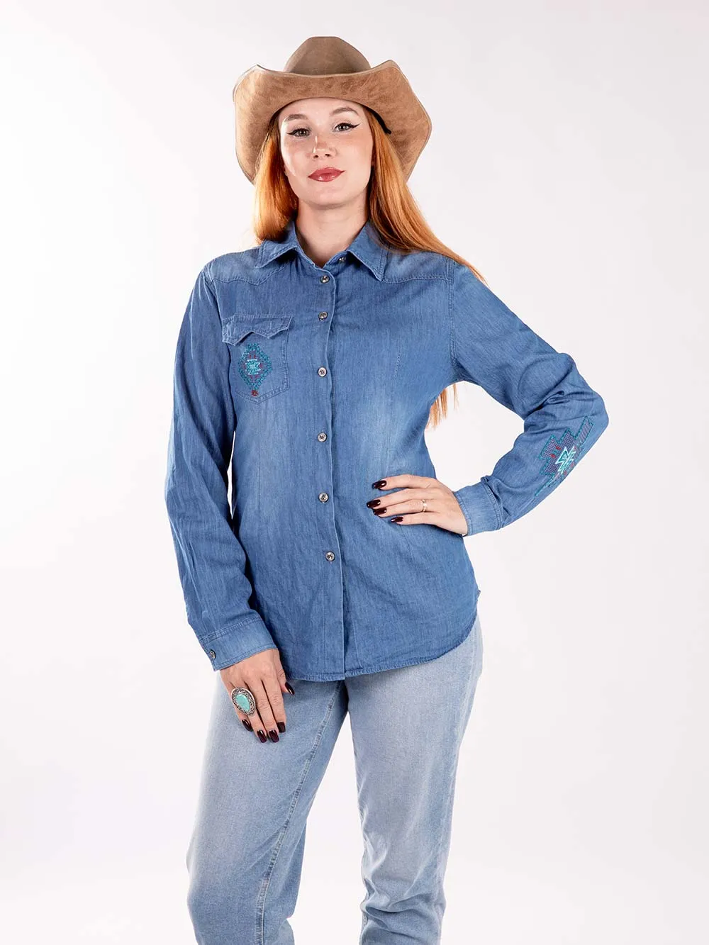 MW-S1002 Montana West Embroidered Aztec Long Sleeve Chambray Shirt By Size