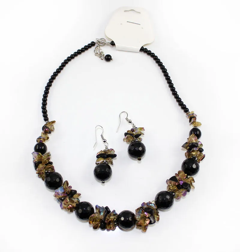 Natural Stone & Glass & Beads Multi Color Necklace and Earrings Set - Black Brown