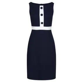 Navy Blue and White Sleeveless Button Detail Bodycon Midi Dress