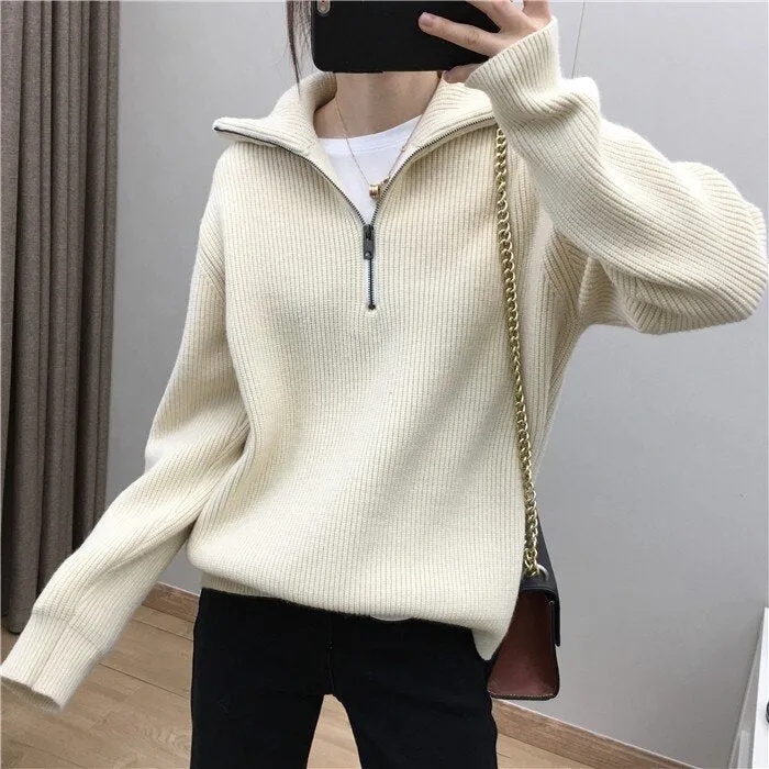 Oversized Sporty Quarter Zip Pullover Sweater