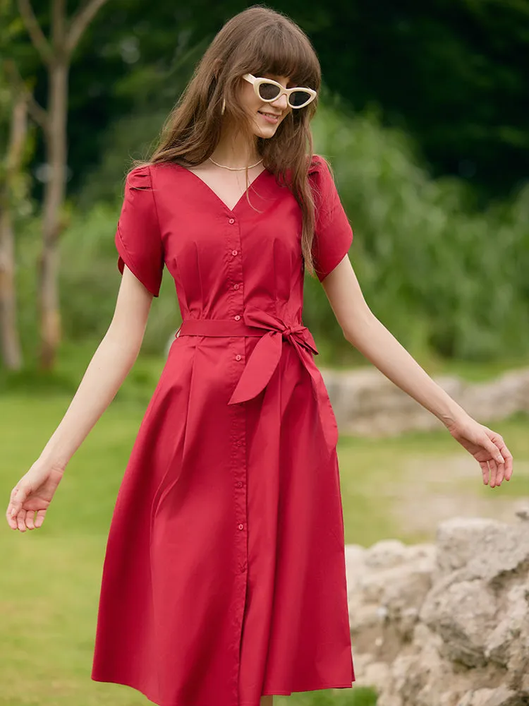 Petal Sleeves Gathered Waist V-Neck Women Midi Dress With Belt