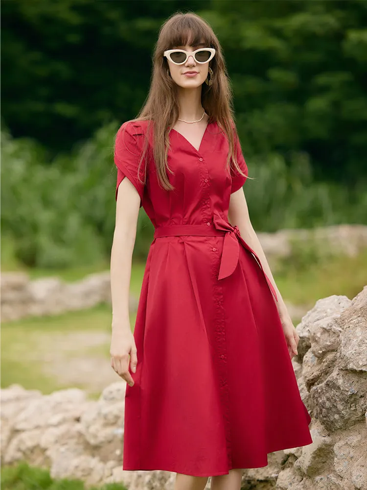 Petal Sleeves Gathered Waist V-Neck Women Midi Dress With Belt