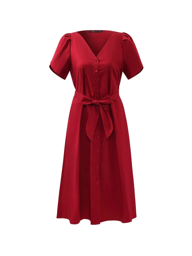 Petal Sleeves Gathered Waist V-Neck Women Midi Dress With Belt