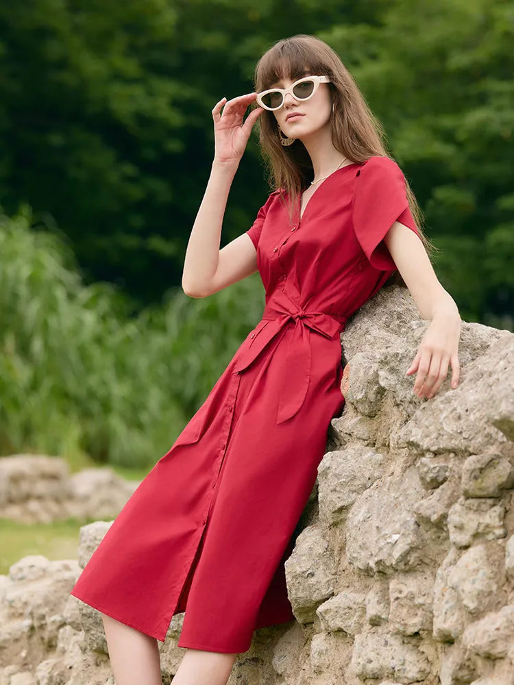 Petal Sleeves Gathered Waist V-Neck Women Midi Dress With Belt