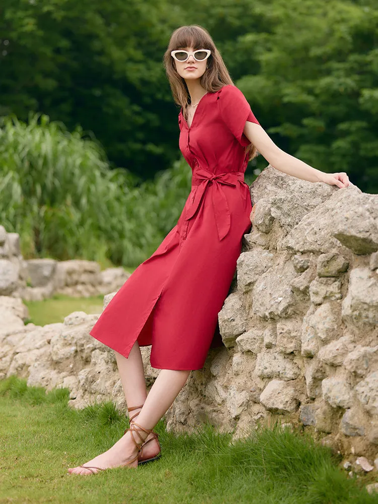 Petal Sleeves Gathered Waist V-Neck Women Midi Dress With Belt