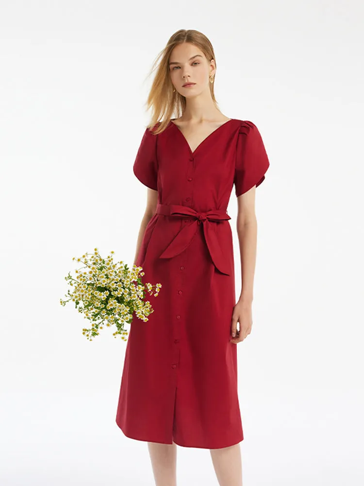 Petal Sleeves Gathered Waist V-Neck Women Midi Dress With Belt