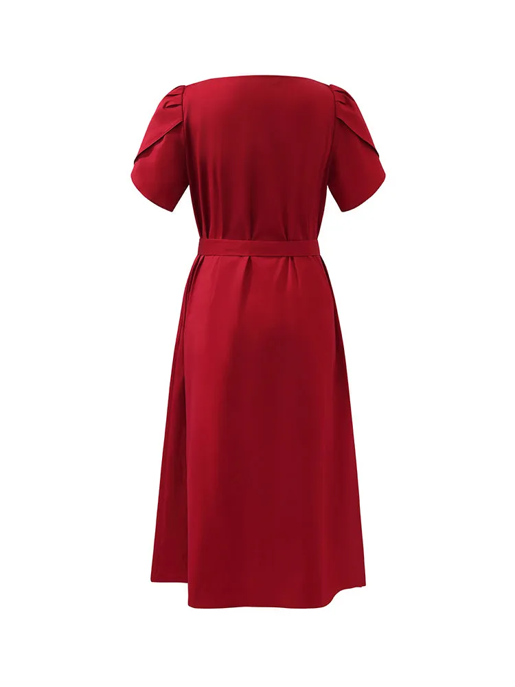 Petal Sleeves Gathered Waist V-Neck Women Midi Dress With Belt