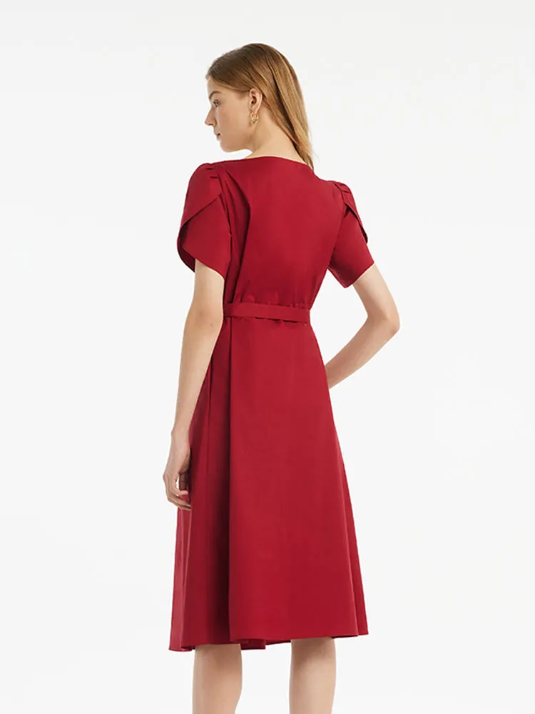 Petal Sleeves Gathered Waist V-Neck Women Midi Dress With Belt