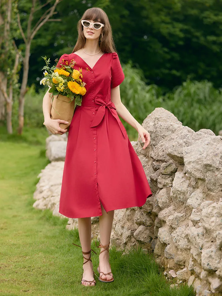 Petal Sleeves Gathered Waist V-Neck Women Midi Dress With Belt