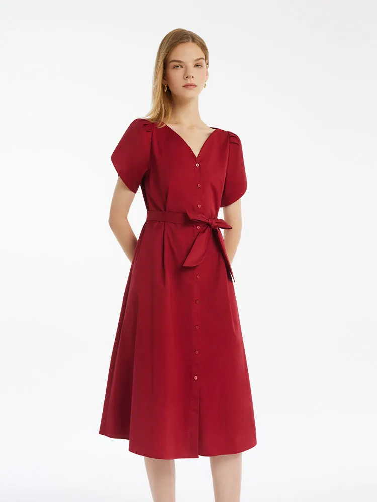 Petal Sleeves Gathered Waist V-Neck Women Midi Dress With Belt