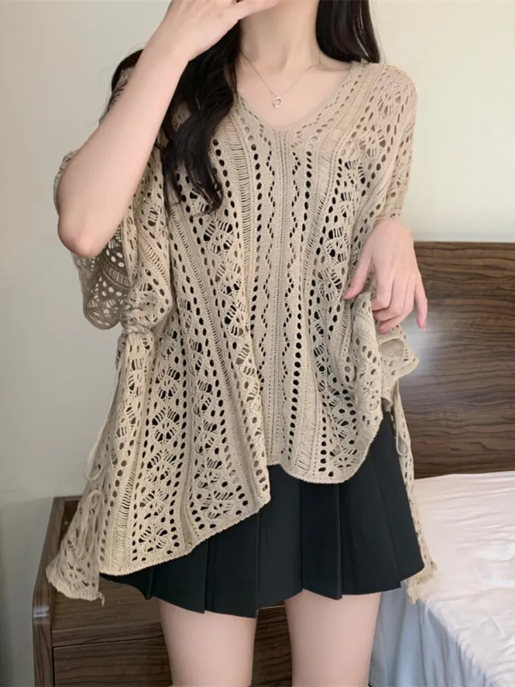 Plus Size Loose Crochet Lace Cape Top