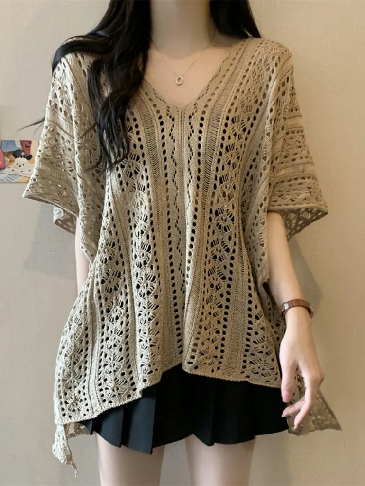 Plus Size Loose Crochet Lace Cape Top