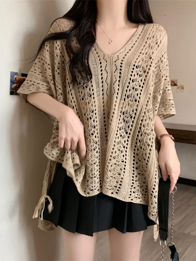 Plus Size Loose Crochet Lace Cape Top