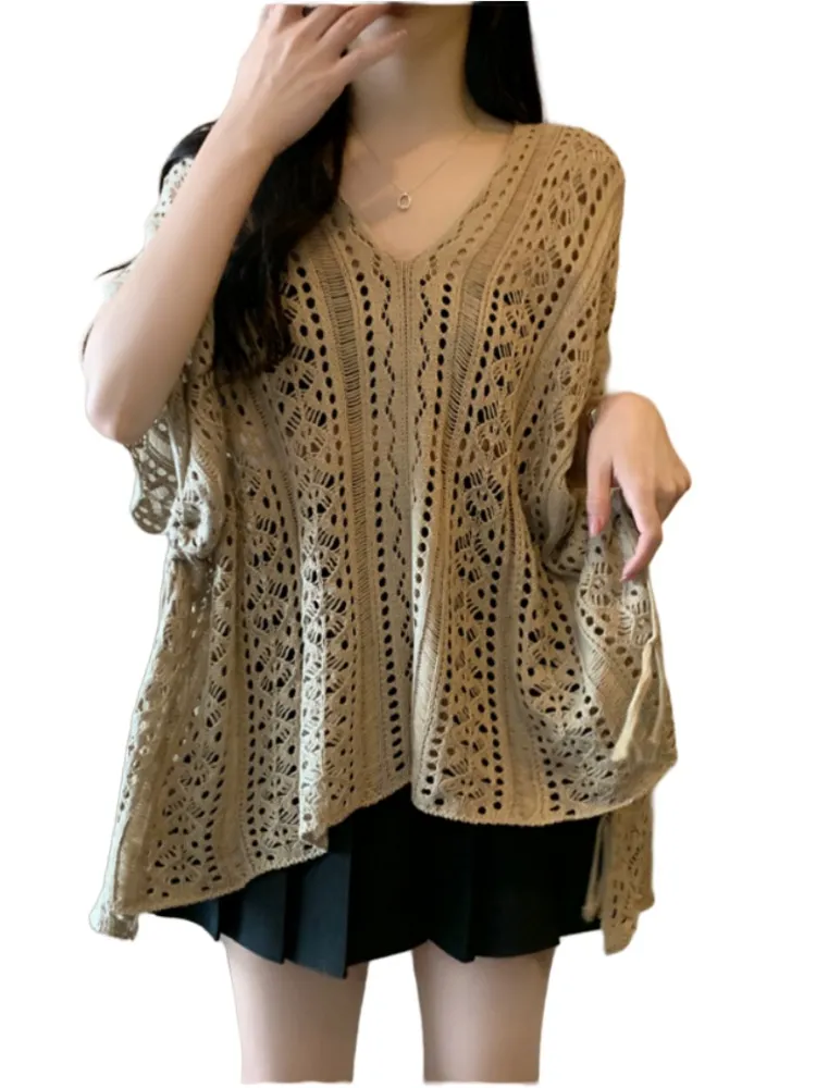 Plus Size Loose Crochet Lace Cape Top