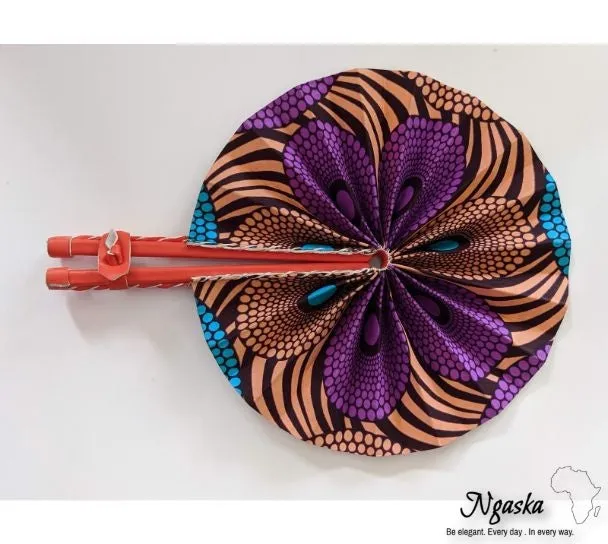 Purple Brown Blue Flower Spiral Ankara Print Handheld Fan FAN-14