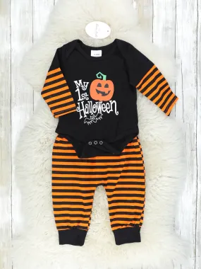 "My First Halloween" Onesie & Orange Striped Joggers Outfit