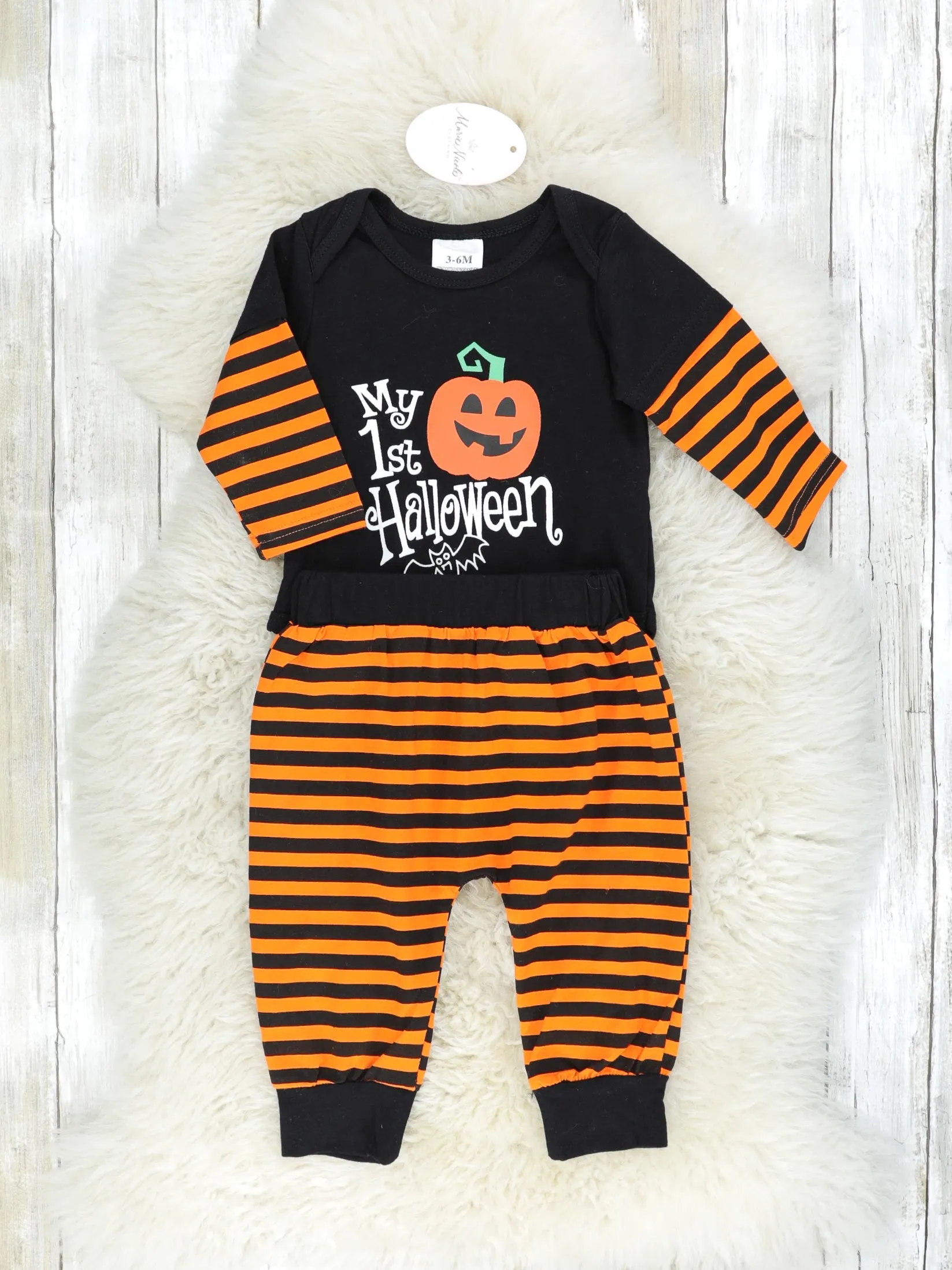 "My First Halloween" Onesie & Orange Striped Joggers Outfit