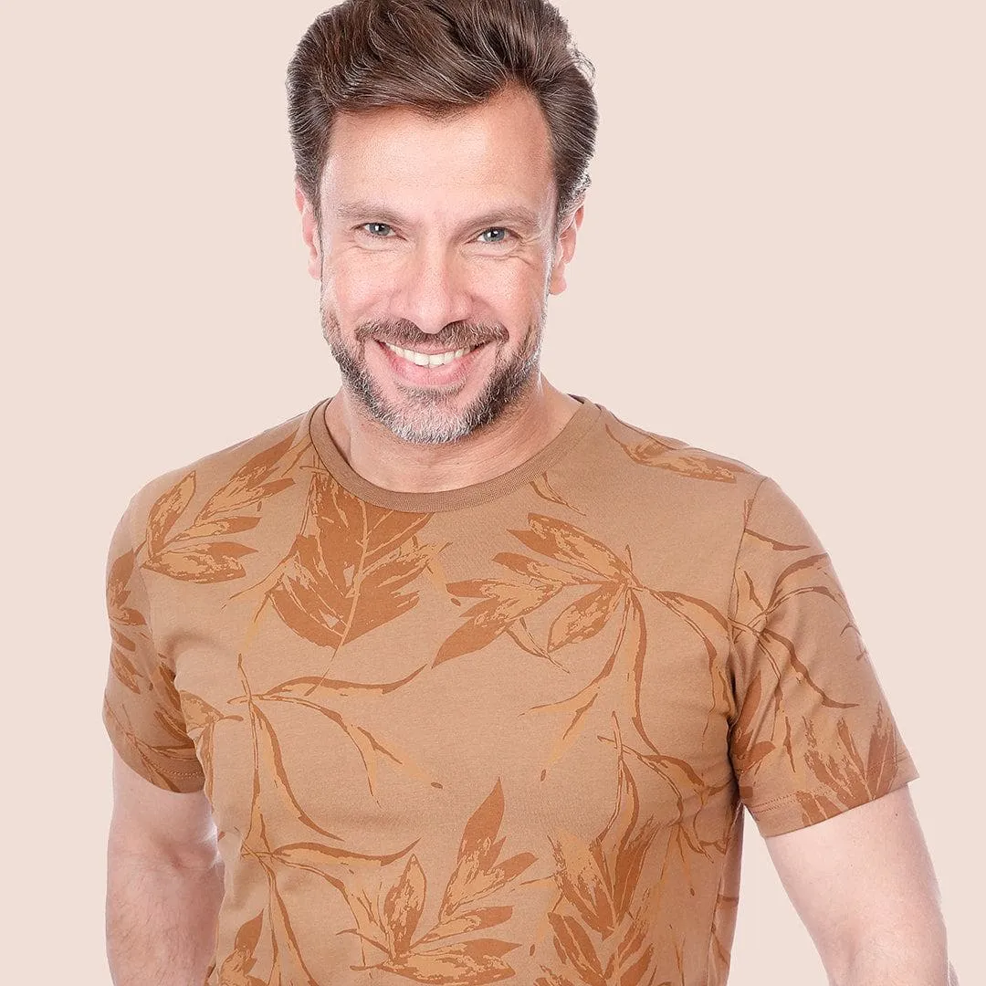 ROUND NECK PATTERNED T-SHIRT - CAMEL