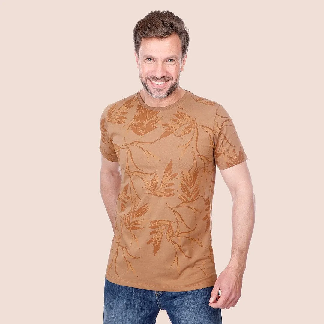 ROUND NECK PATTERNED T-SHIRT - CAMEL