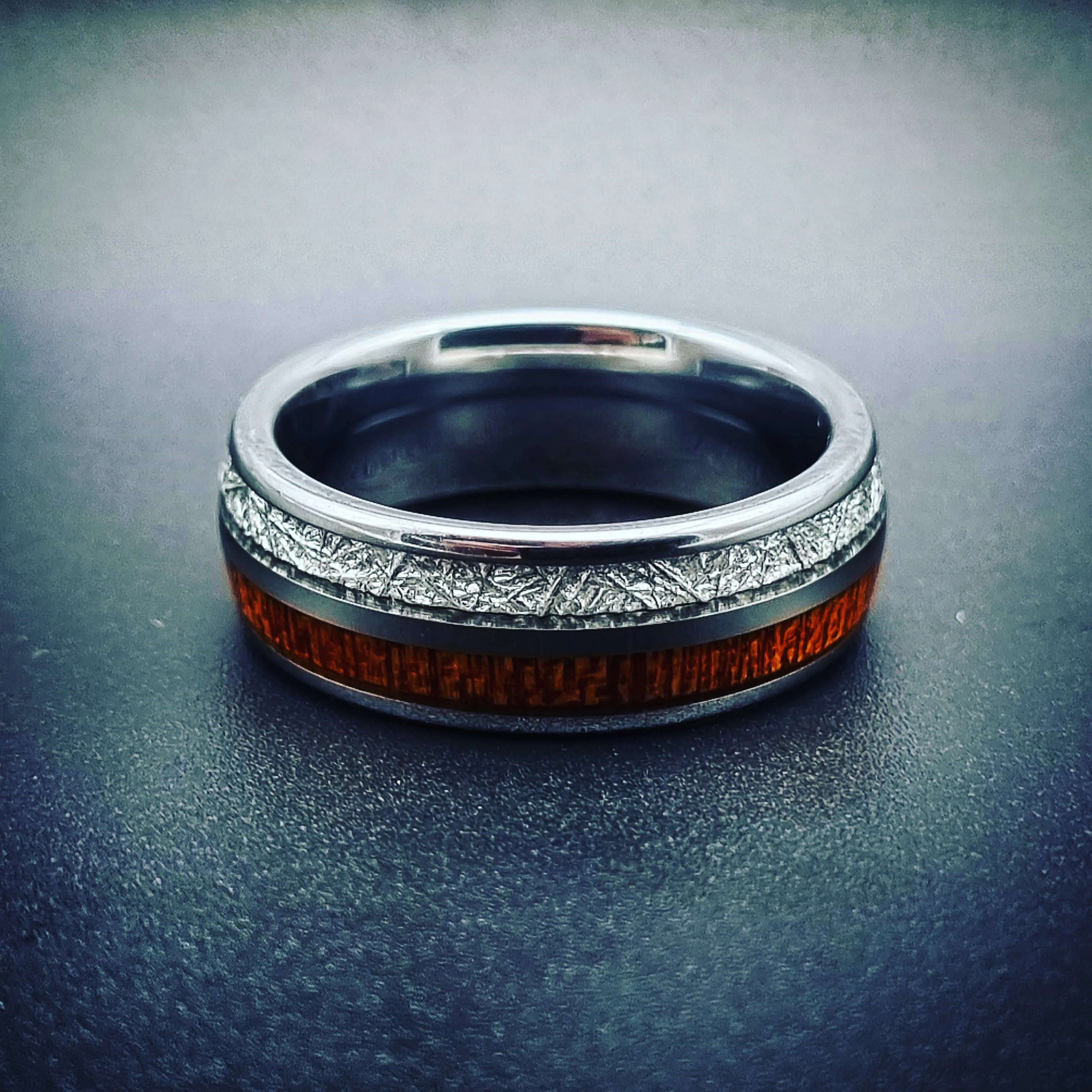 Silver Tungsten, Meteorite and Koa Wood Ring (8mm)